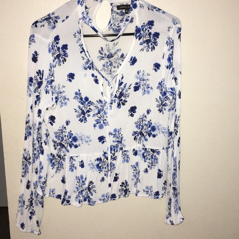 Long Sleeve White and Blue Blouse